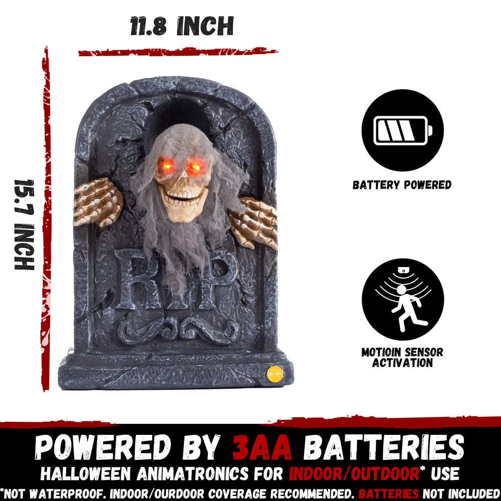 ELAMAS Animated Zombie Tombstone in spooky outdoor setting