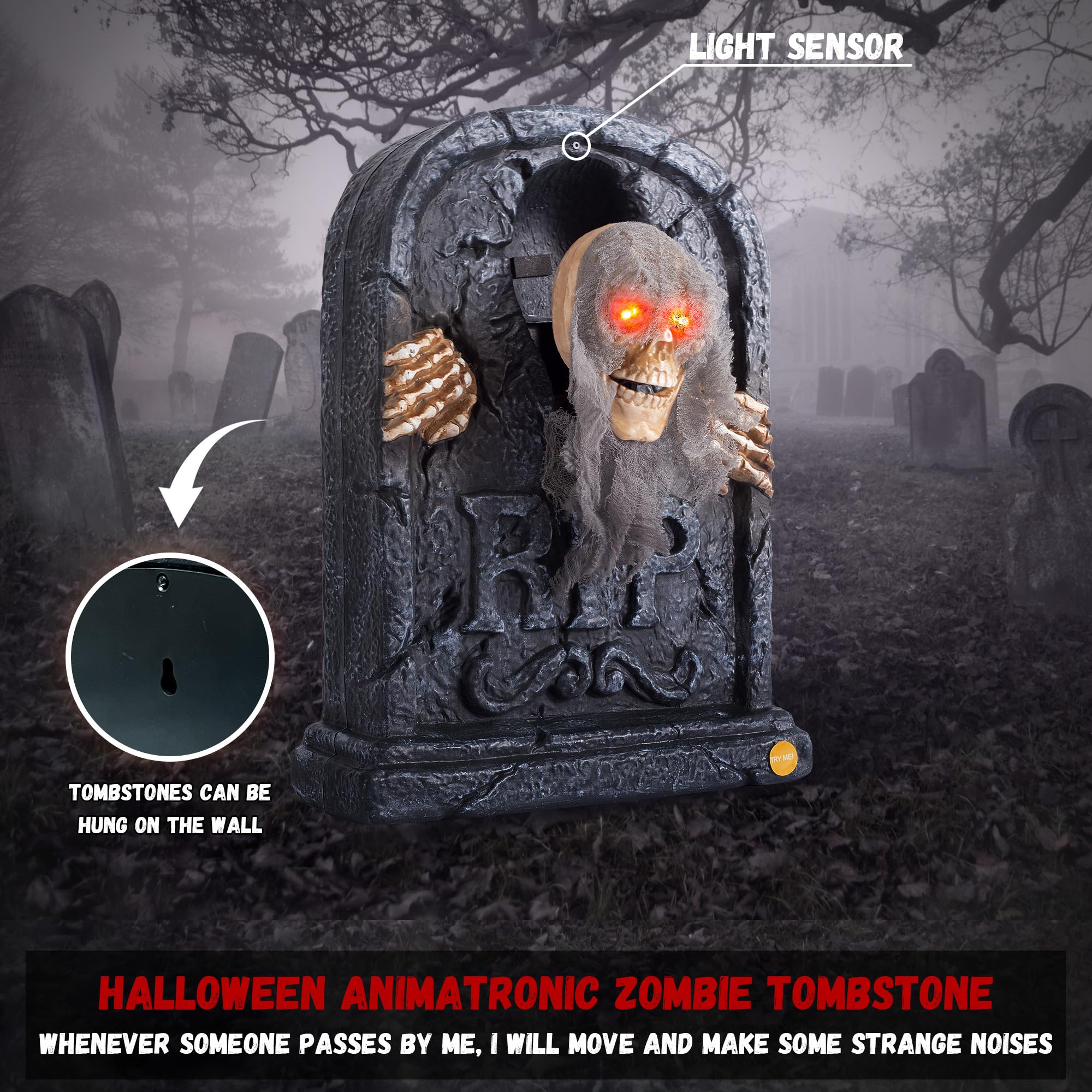 ELAMAS Animated Zombie Tombstone packaged for presentation