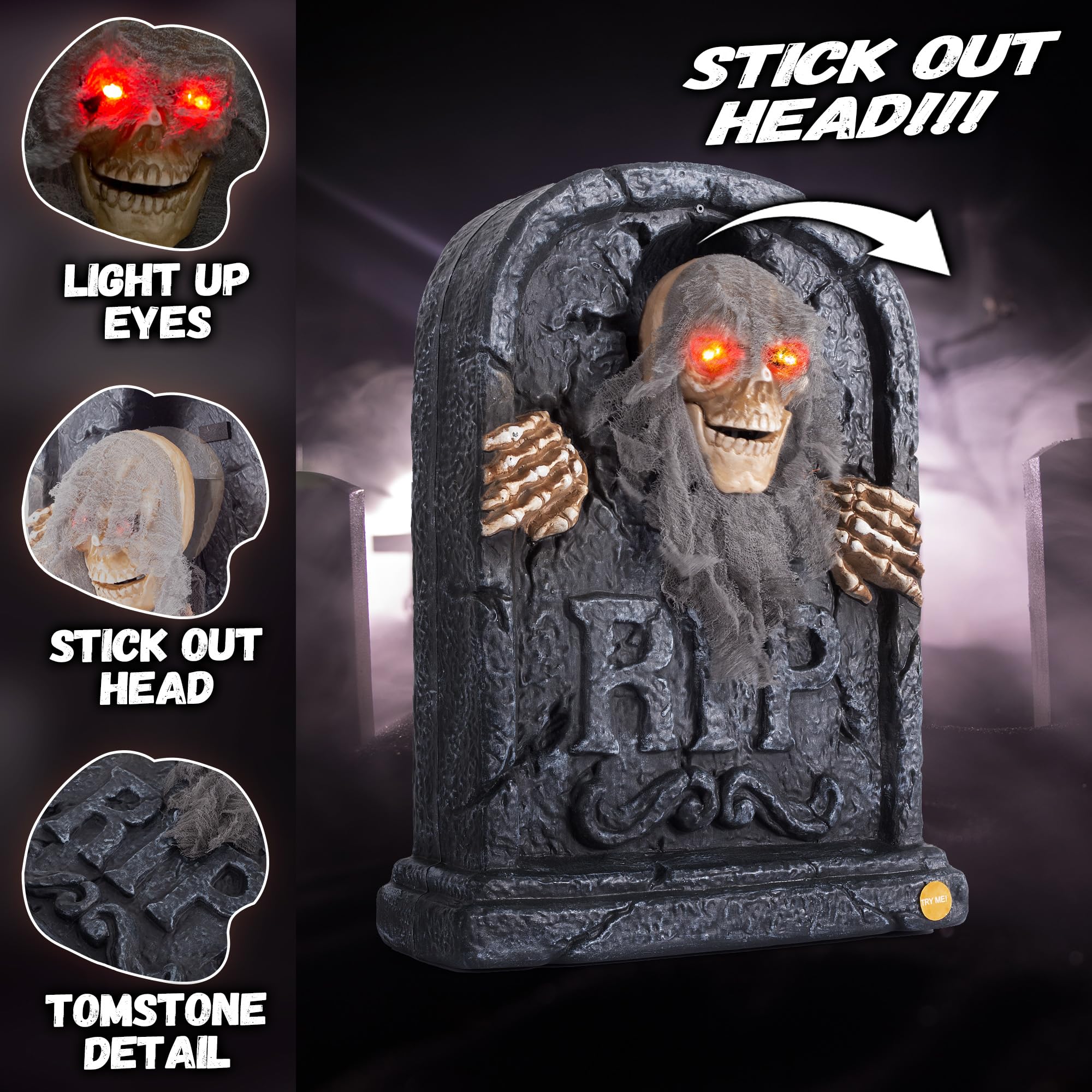 ELAMAS Animated Zombie Tombstone showing light-up eyes and creepy mouth