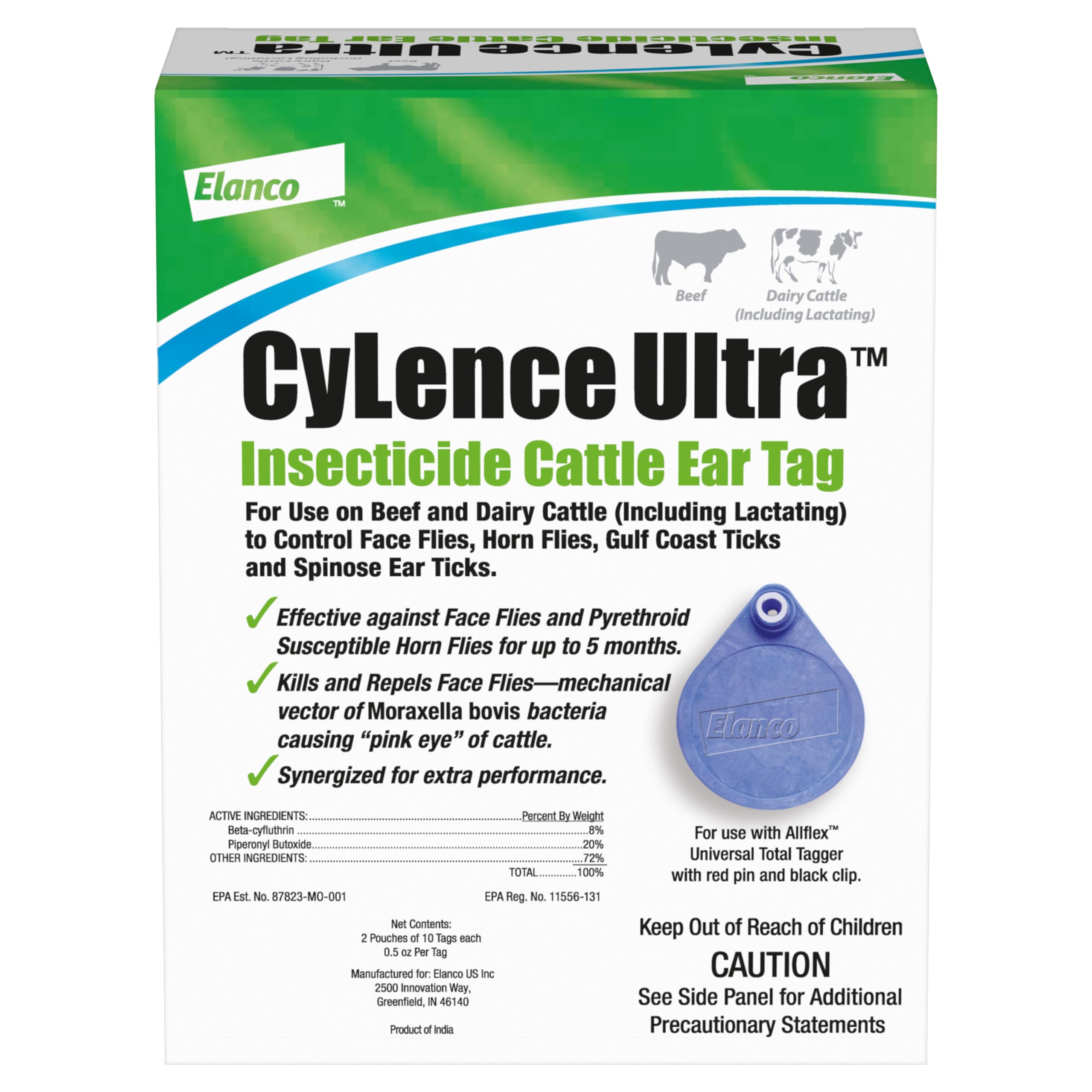 Elanco CyLence Ultra Cattle Ear Tags front view, 20 pack