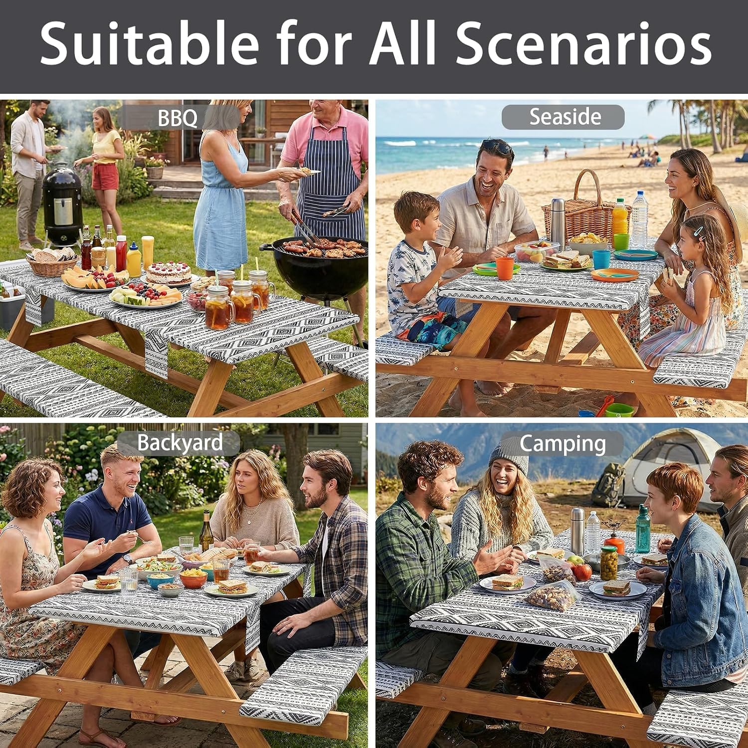 Elastic edge design of Jobunai picnic table cover securing it on a windy day