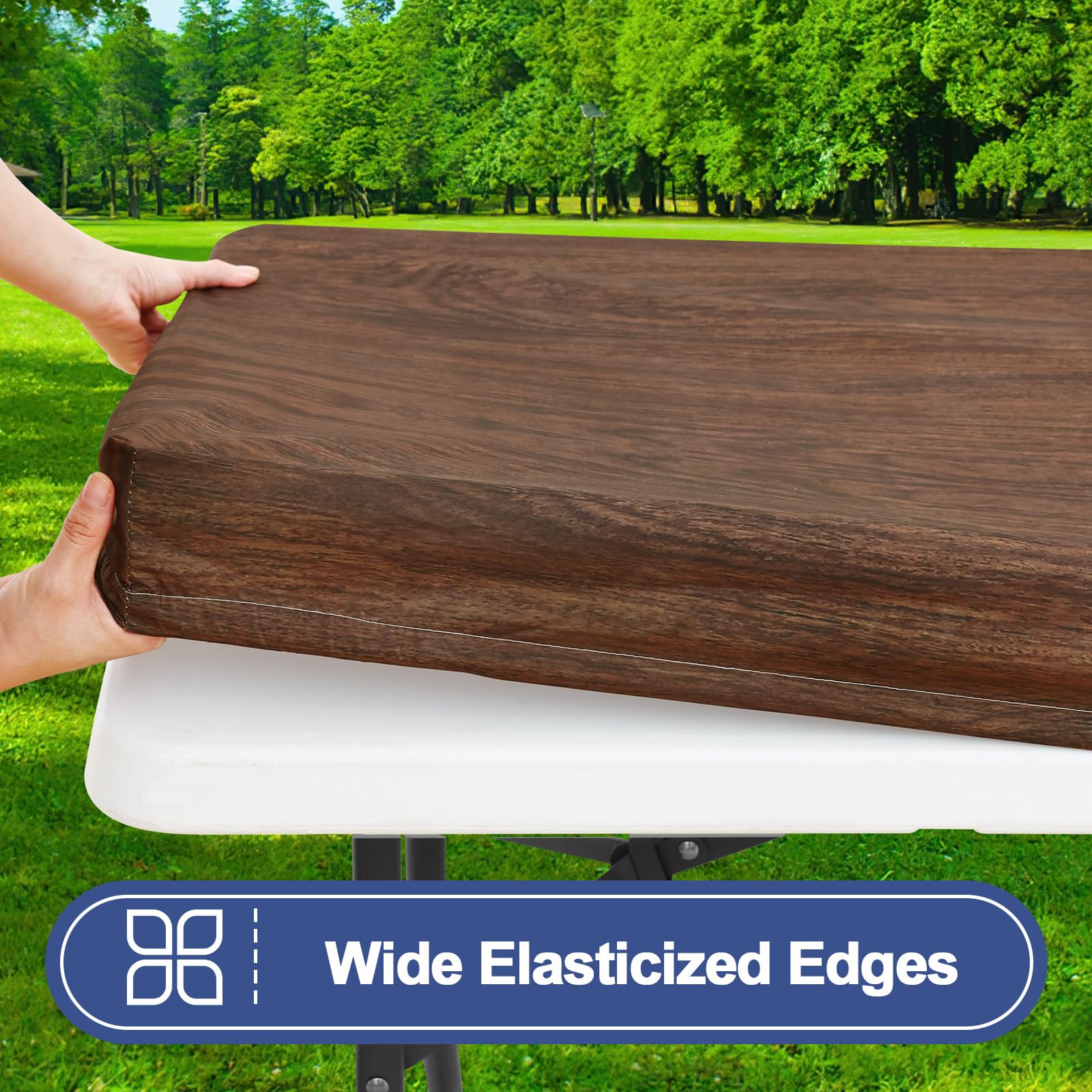 Elastic edges of Smiry picnic table cover ensuring a secure fit