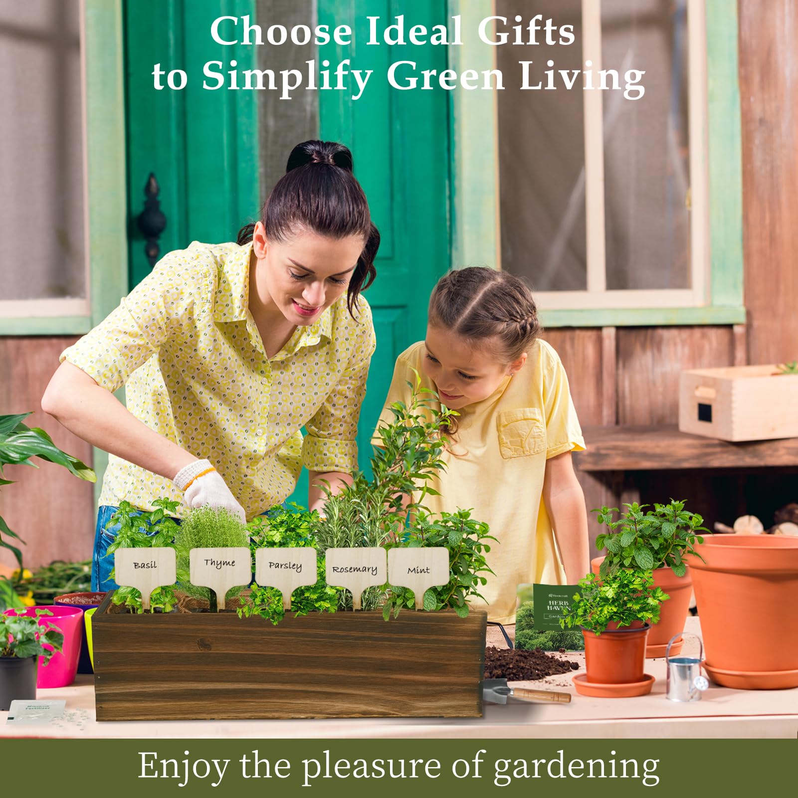 Elegant wooden box holding ROOTCRAFT herb garden kit