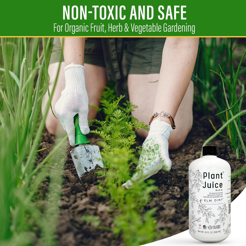 Elm Dirt Organic Fertilizer bottle with garden tools