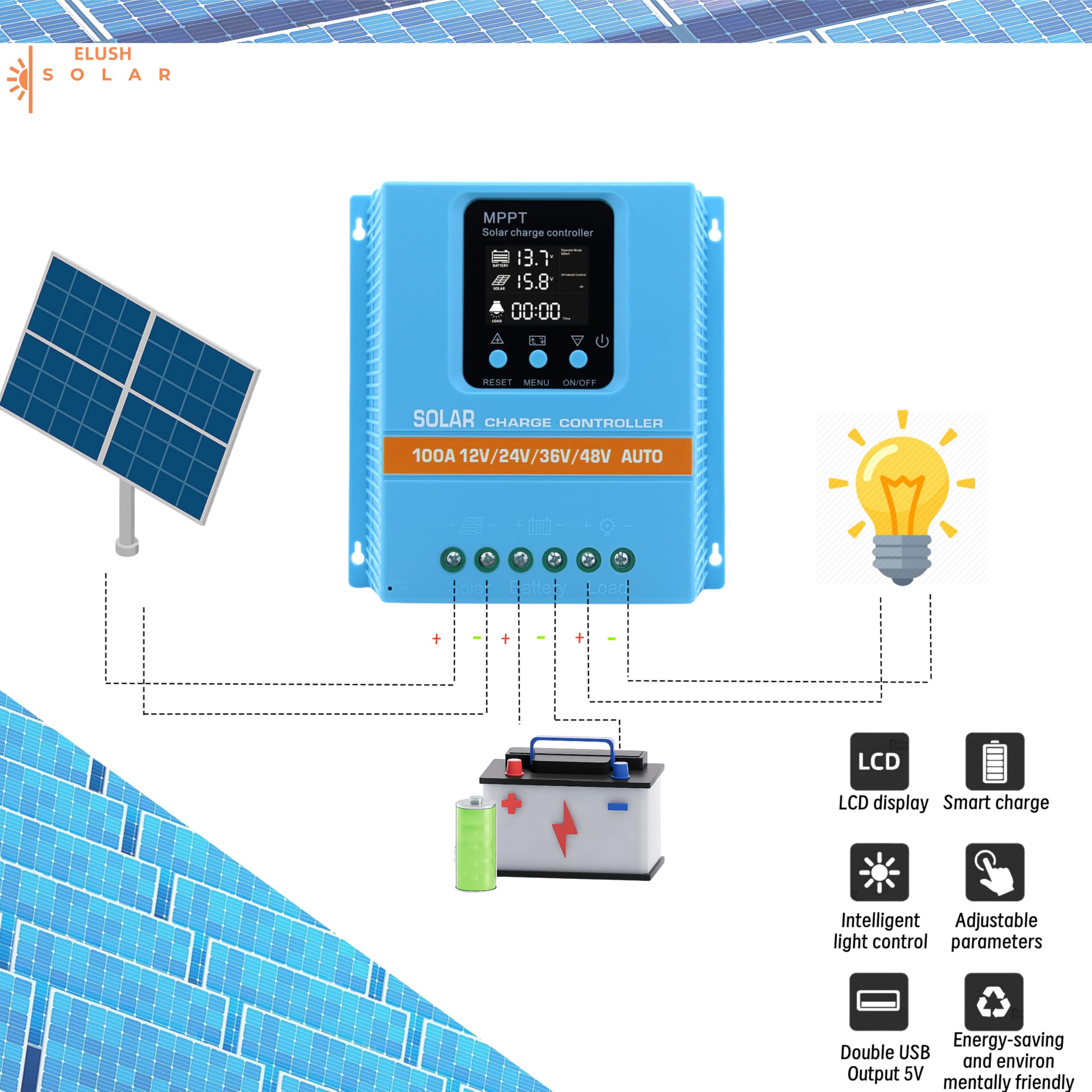 ELUSH 100A MPPT Solar Charge Controller in use with solar panel