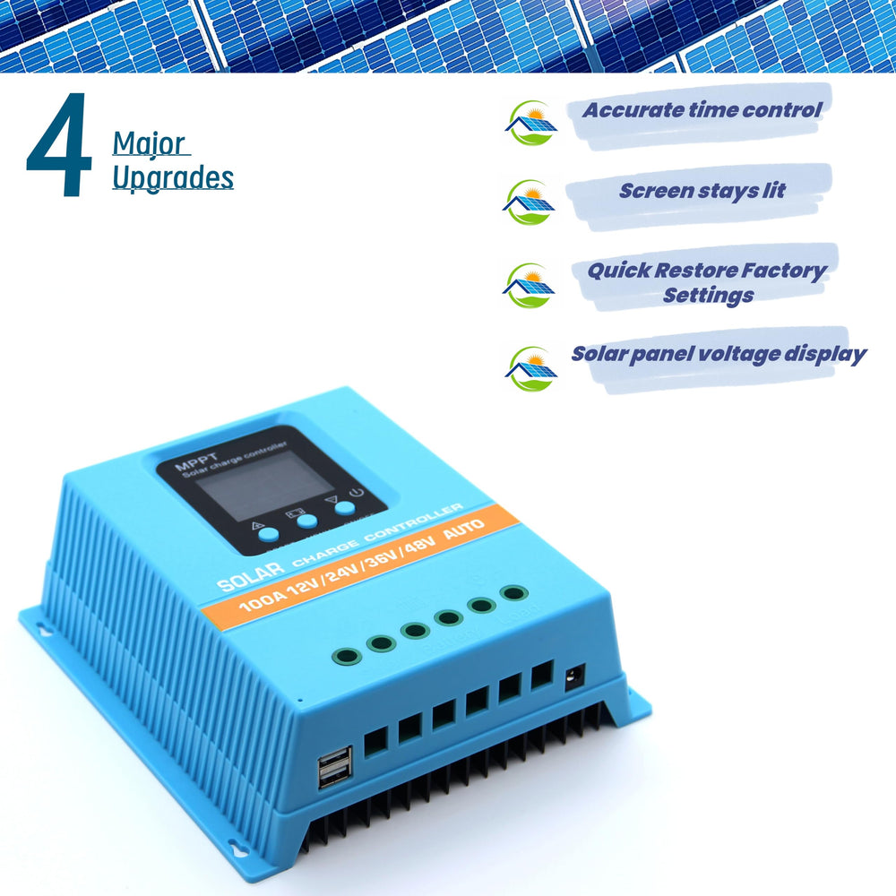 ELUSH 100A MPPT Solar Charge Controller side view showing USB ports