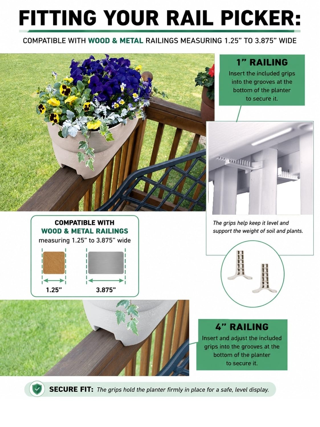 Emsco Group Bloomers Railing Planter side view showing drainage holes
