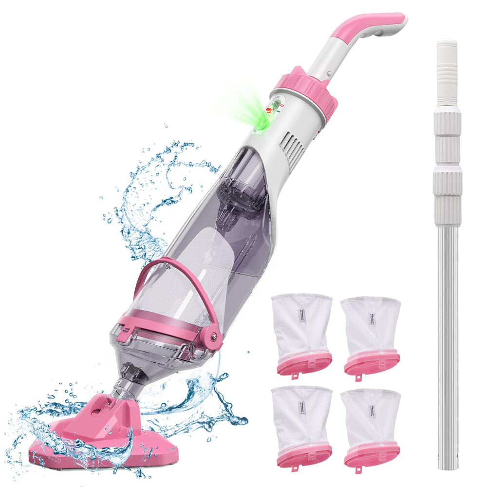 Enhulk Handheld Pool Vacuum with pink body and telescopic pole attached
