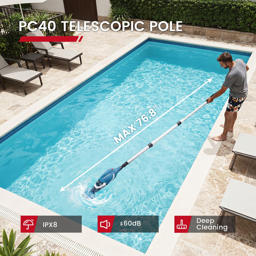 Enhulk PC40 handheld pool vacuum side view on the pool deck