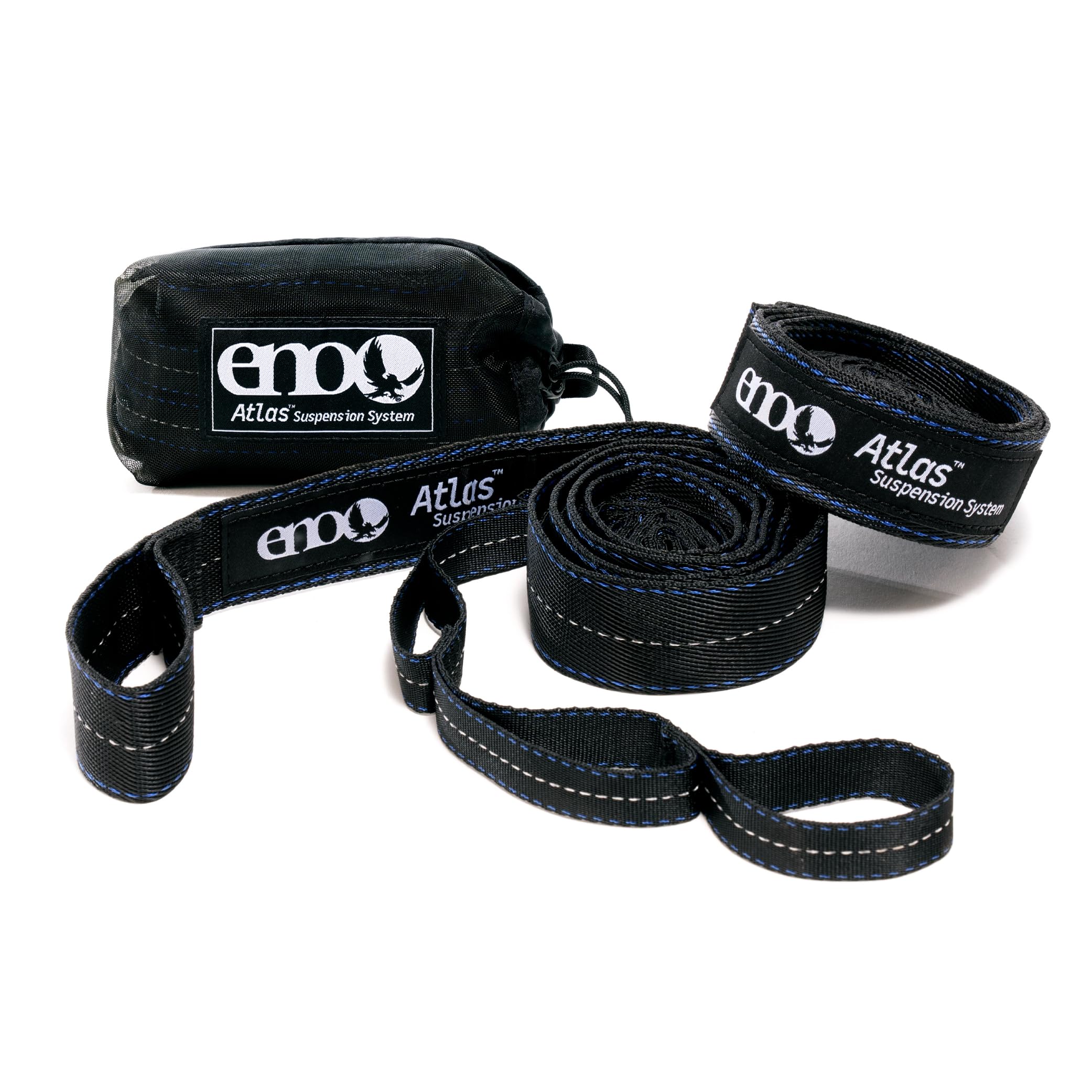 ENO Atlas Suspension System tree straps in black and royal design