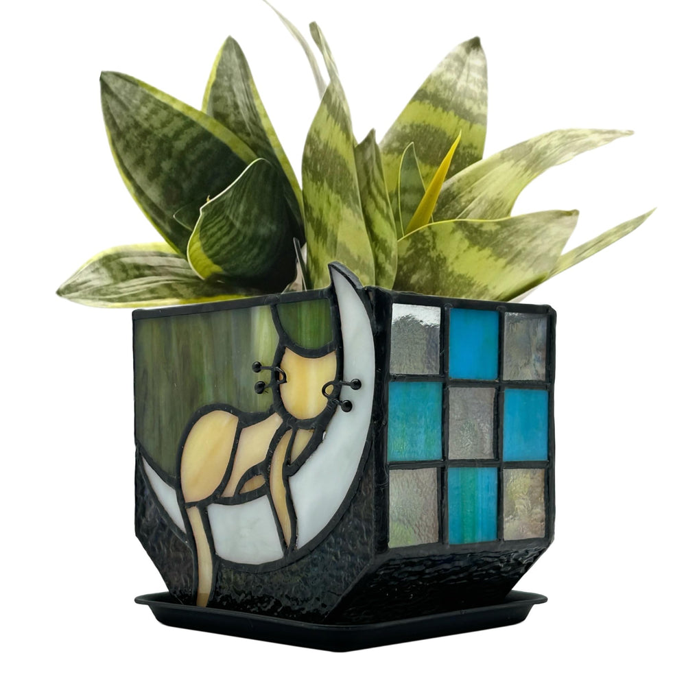 Entlityful Moon Sleeping Cat Planter front view with stained glass design