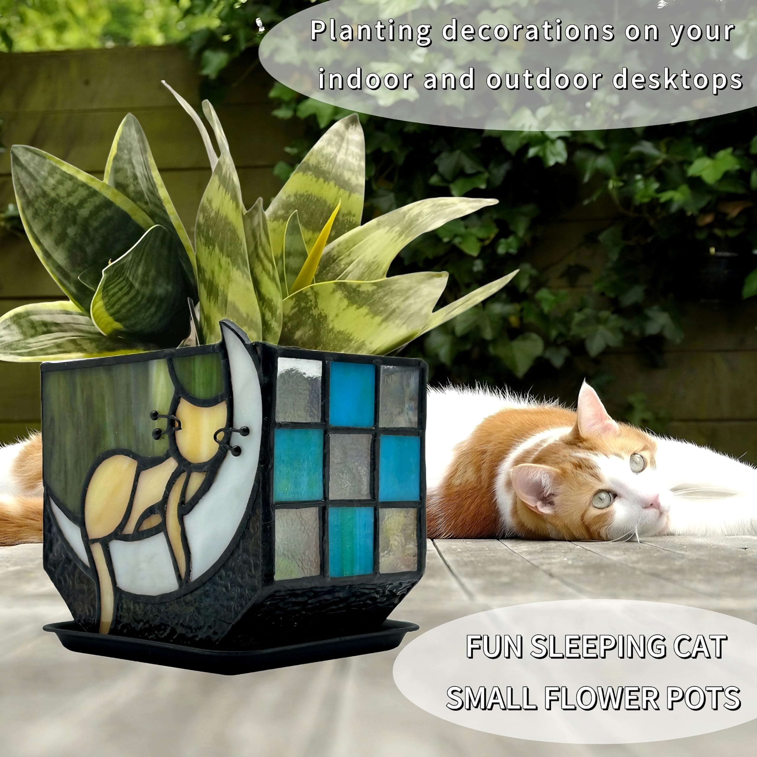 Entlityful Moon Sleeping Cat Planter on a balcony with flowers