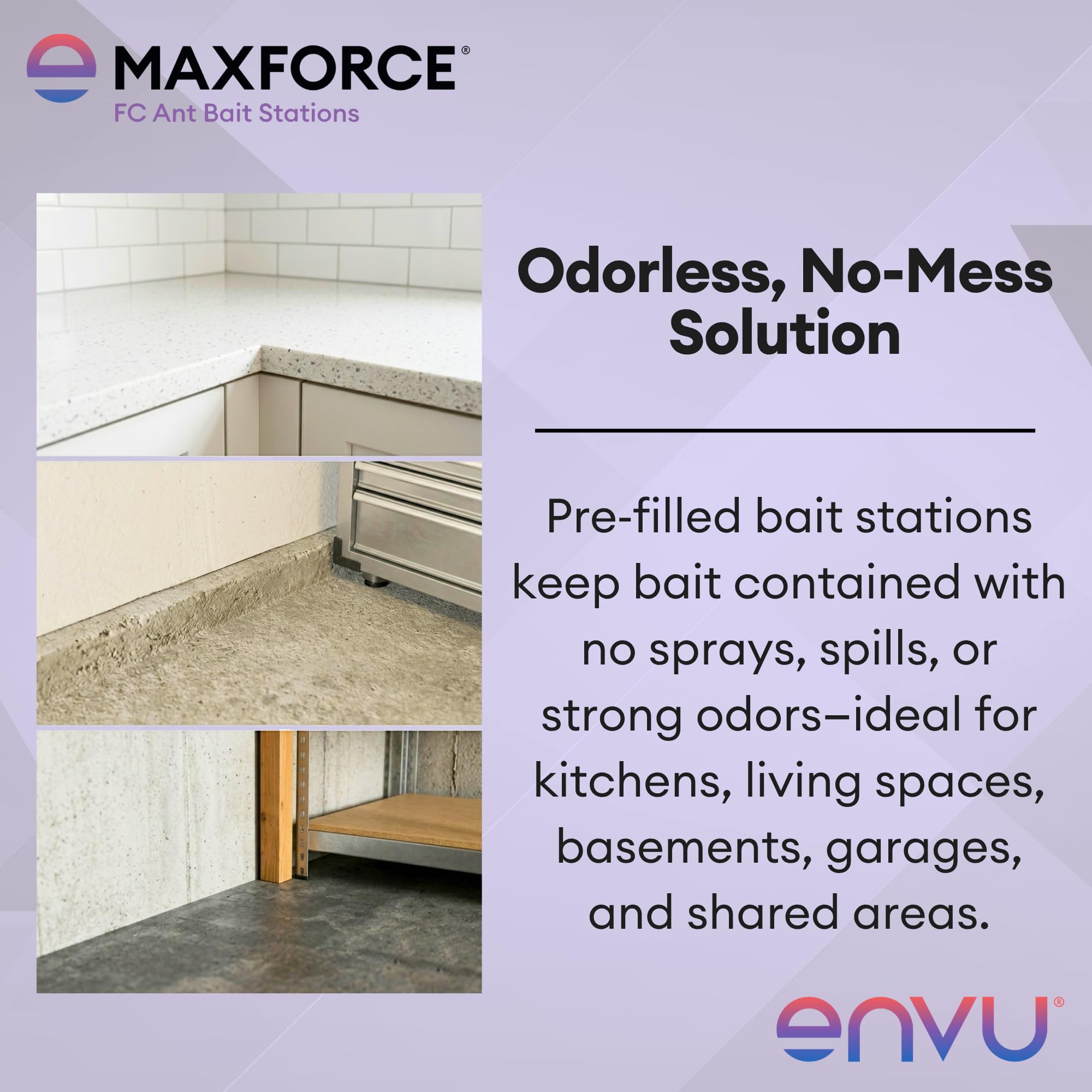 Envu Maxforce FC Ant Bait Stations set on a kitchen counter