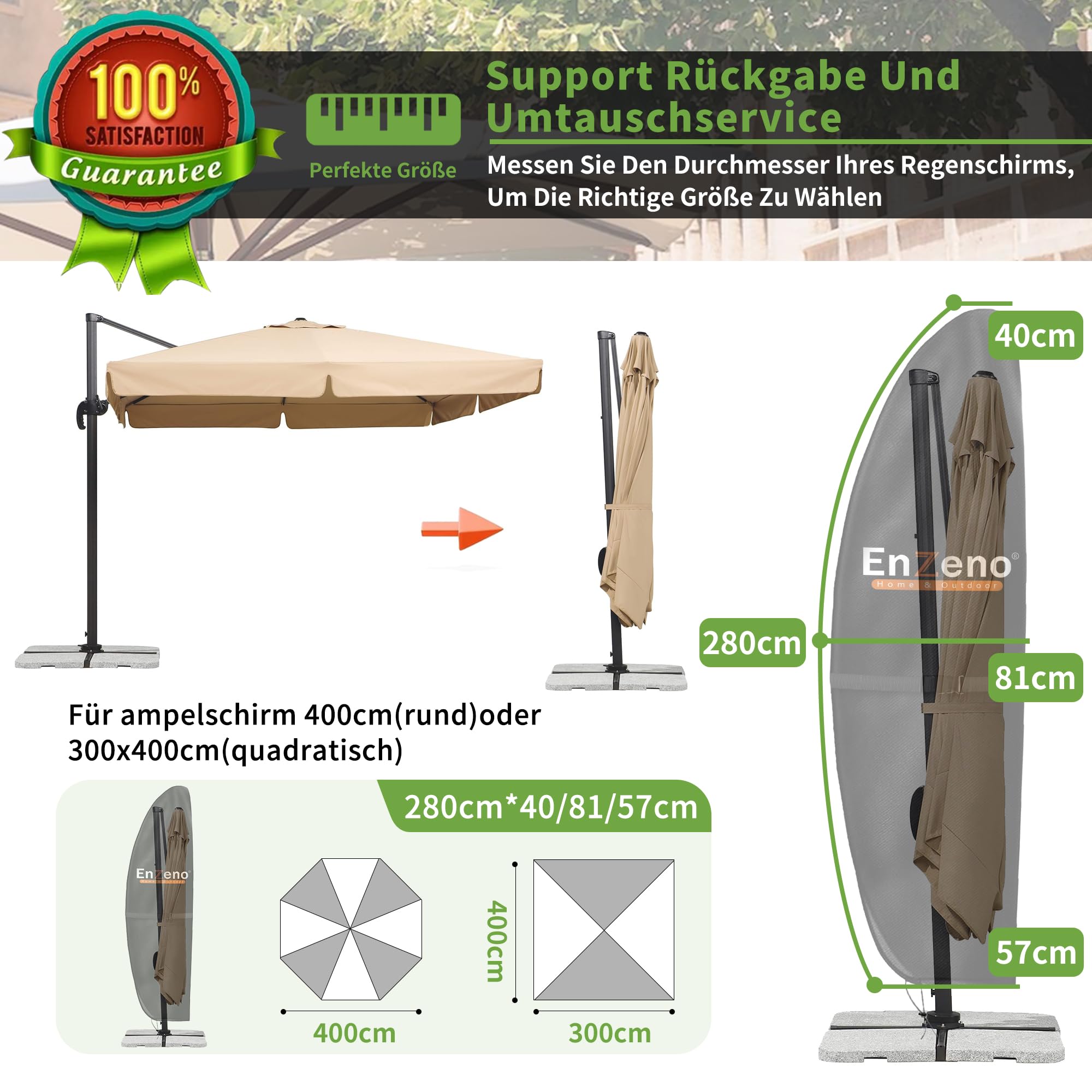 Enzeno Patio Umbrella Cover showing waterproof zipper detail