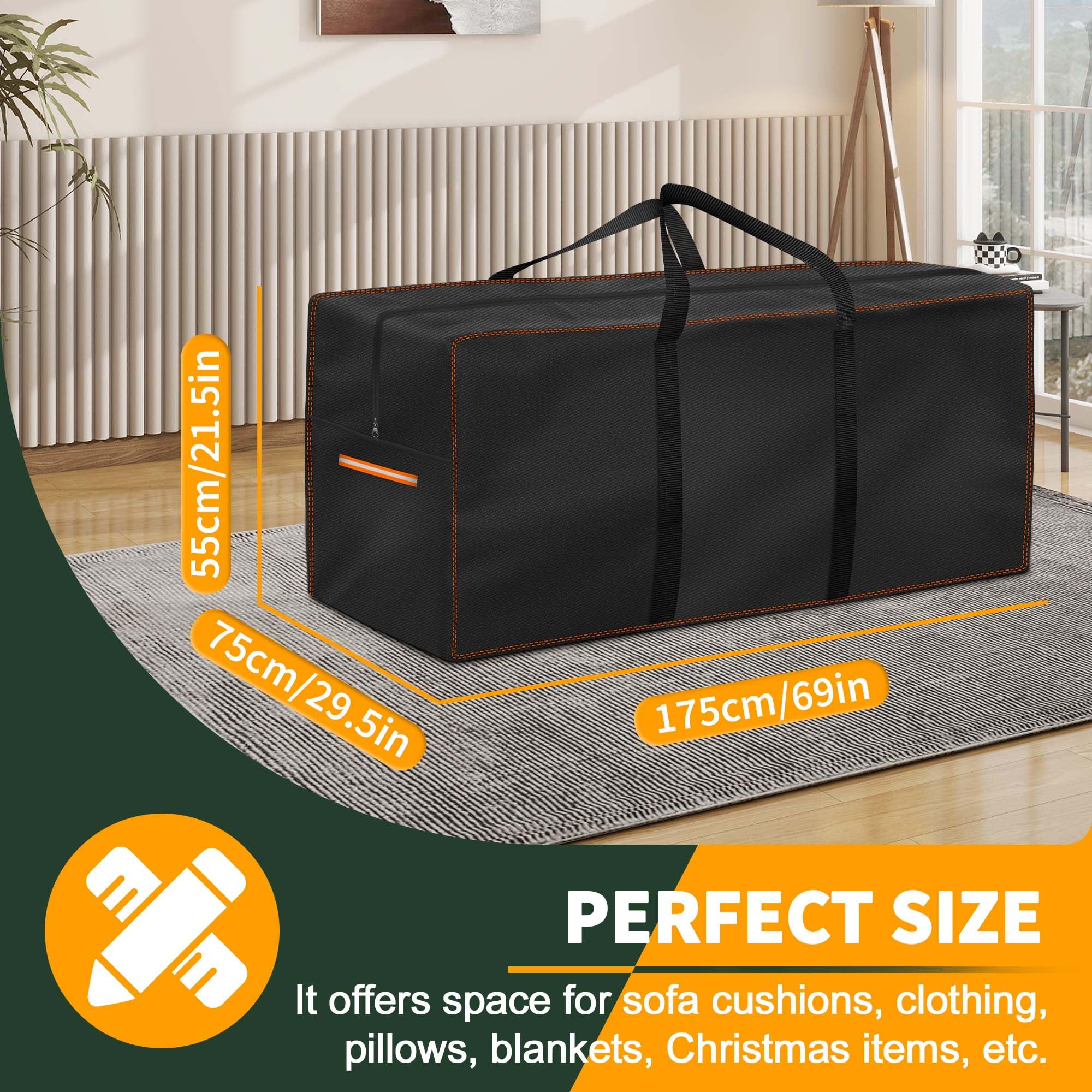 Enzeno storage bag dimensions measuring 69"L x 29.5"W x 21.5"H