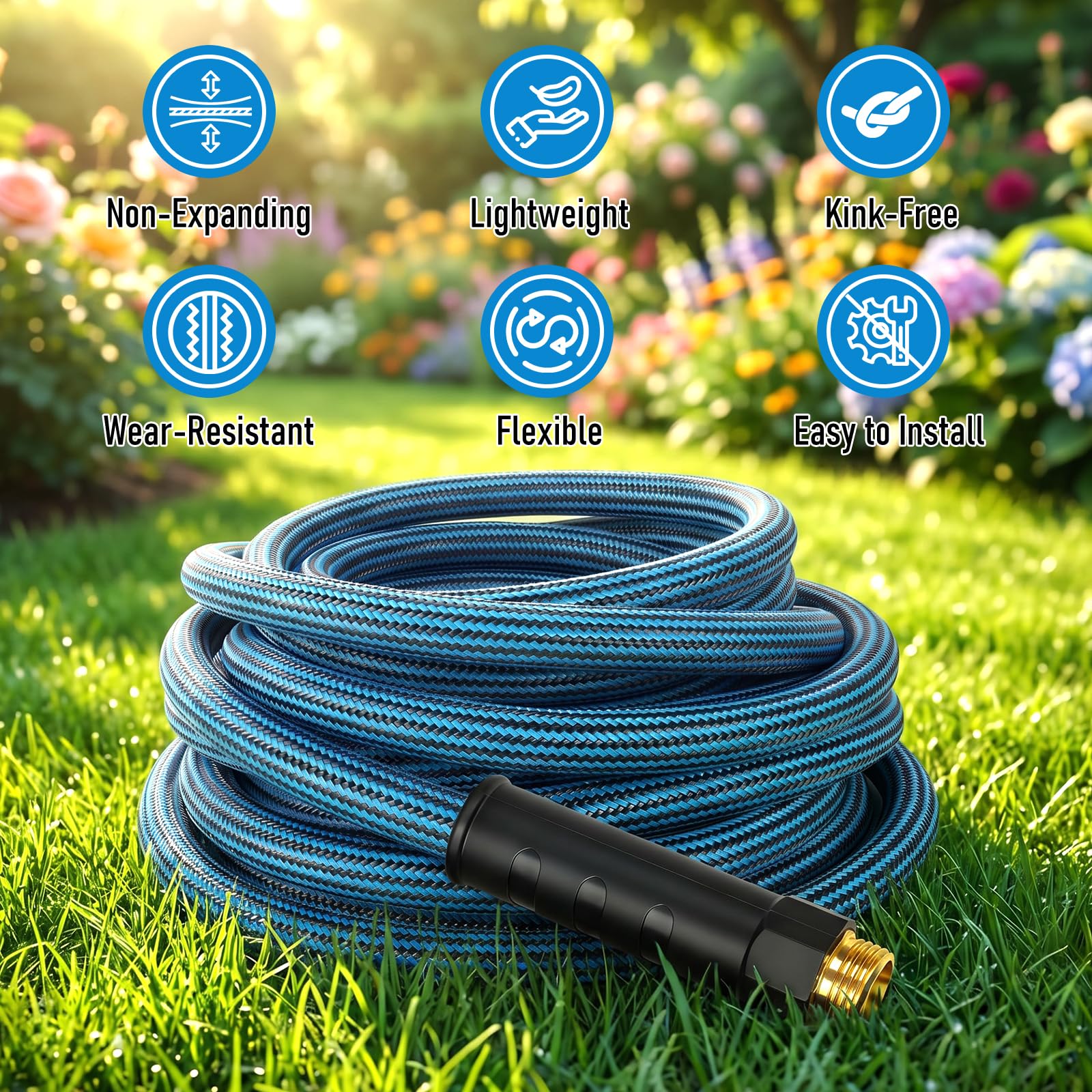 EOOIO 50 ft Garden Hose connectors showing male and female ends
