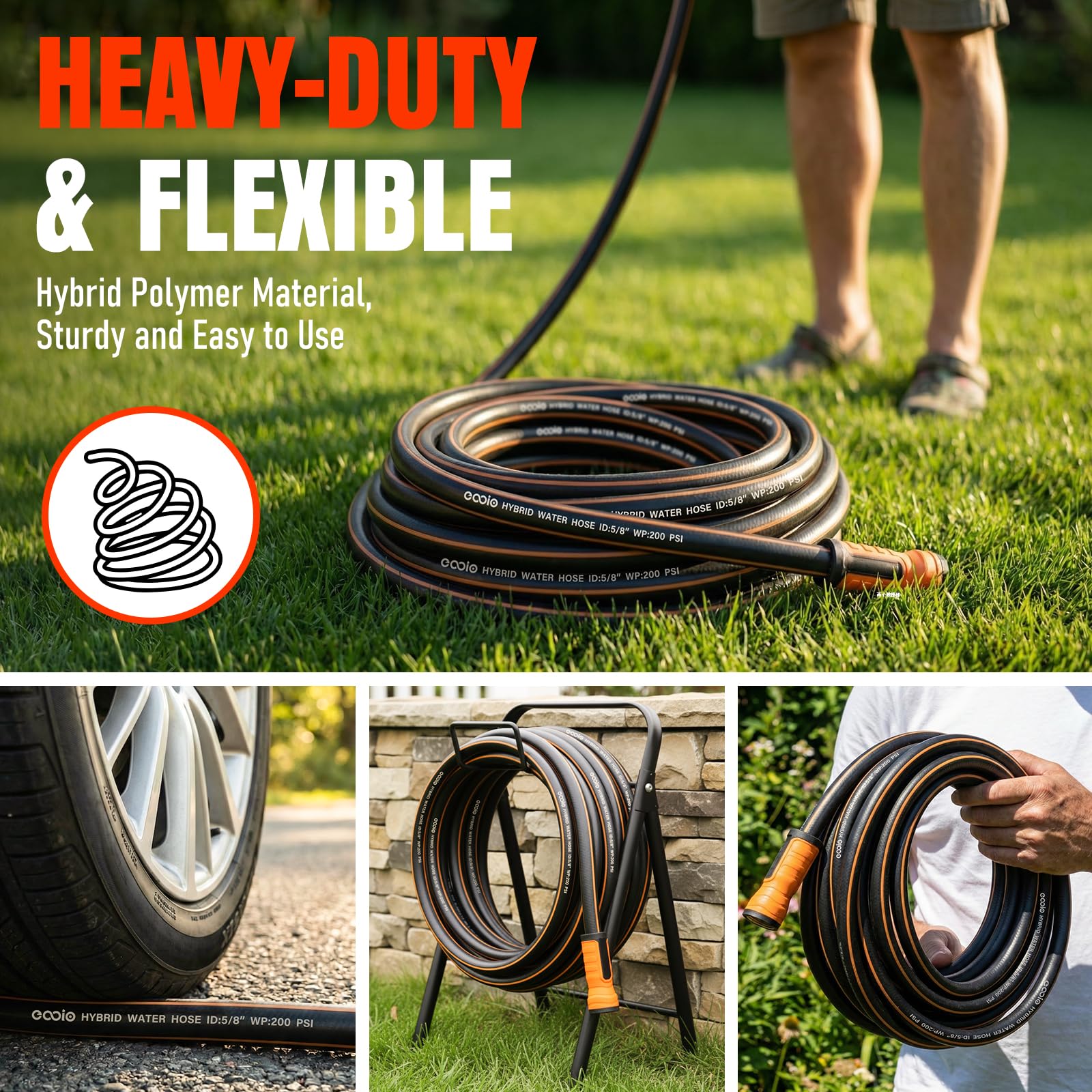 EOOIO 50 ft garden hose with connectors attached to a faucet