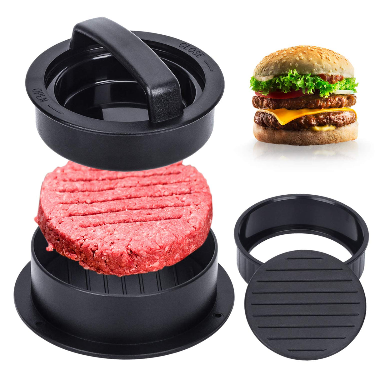 EPPARN Burger Press 3-in-1 with black design and detachable components