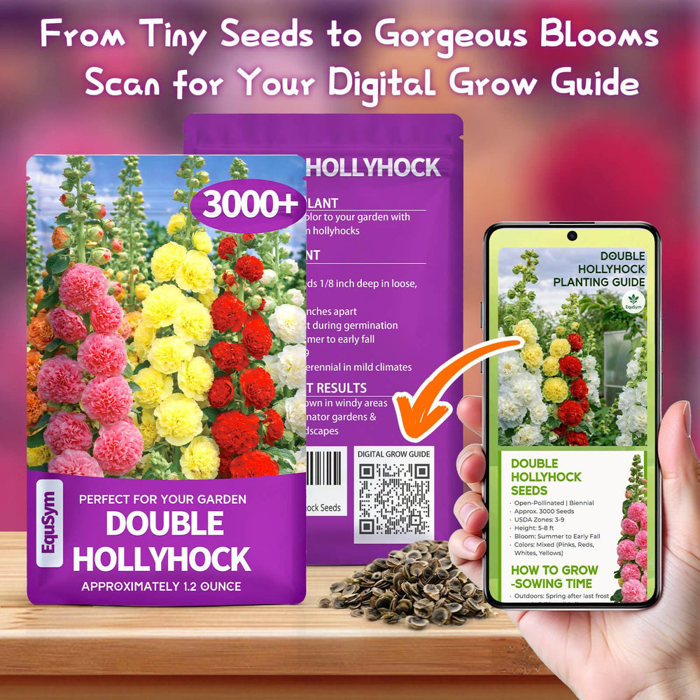 EquSym Double Hollyhock Flower Seeds with soil and garden tools