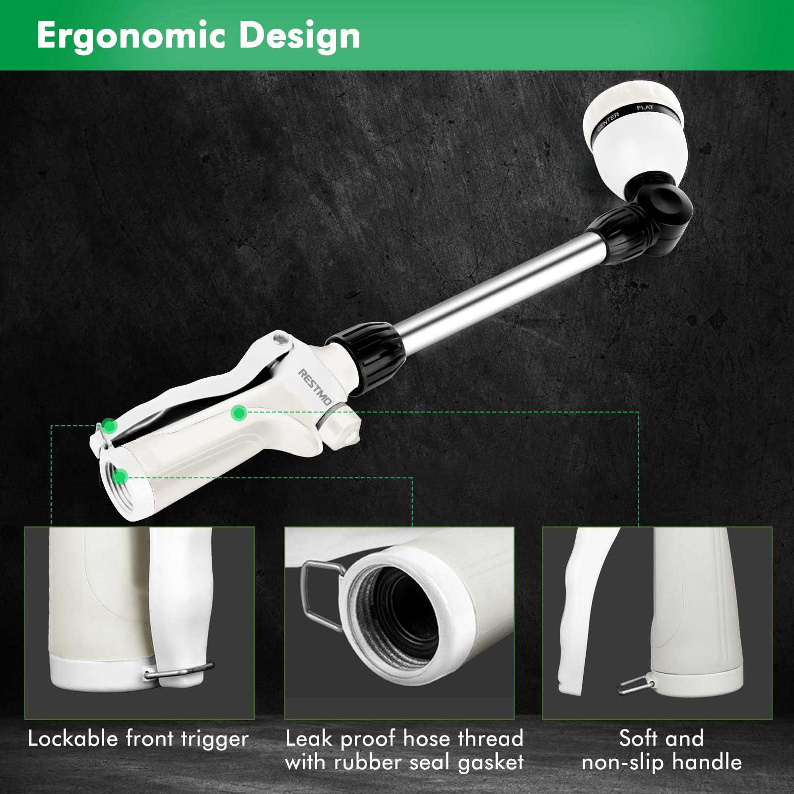 Ergonomic handle of Restmo metal hose wand for comfortable grip