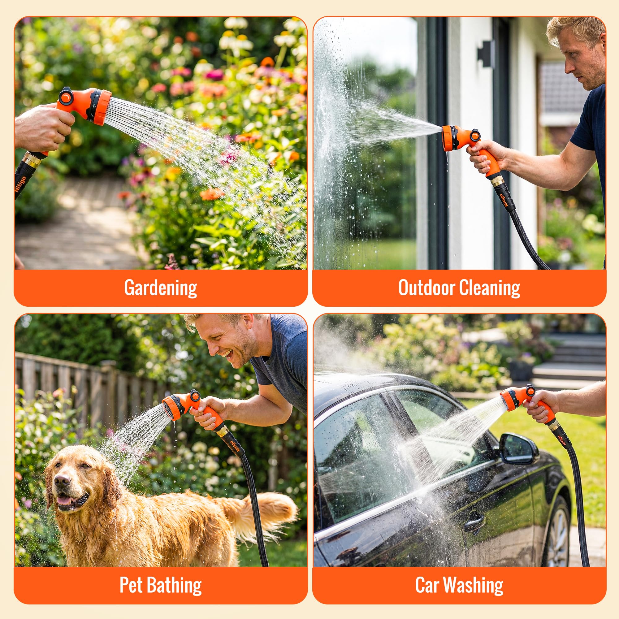 Ergonomic nozzle of Nitigo Garden Hose showing spray patterns