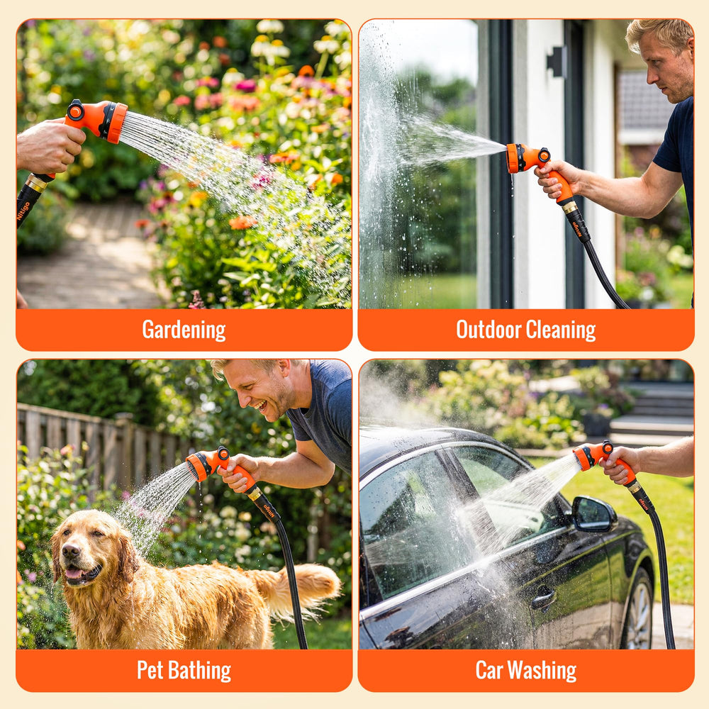 Ergonomic nozzle of Nitigo Garden Hose showing spray patterns