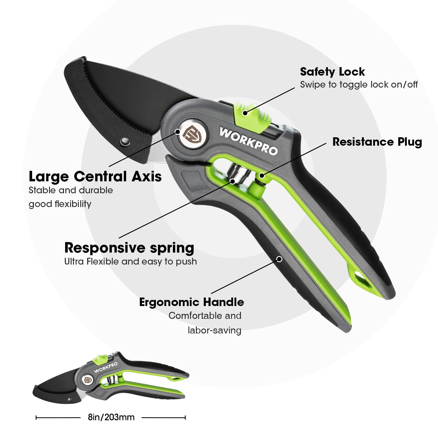 Ergonomic rubber handle of WORKPRO pruning shears