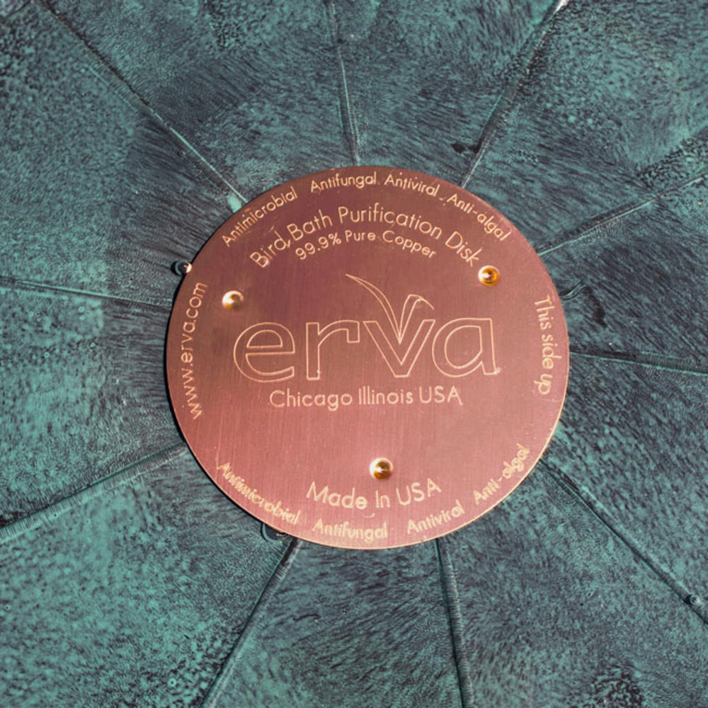 Erva Copper Bird Bath Purification Disk placed in a bird bath