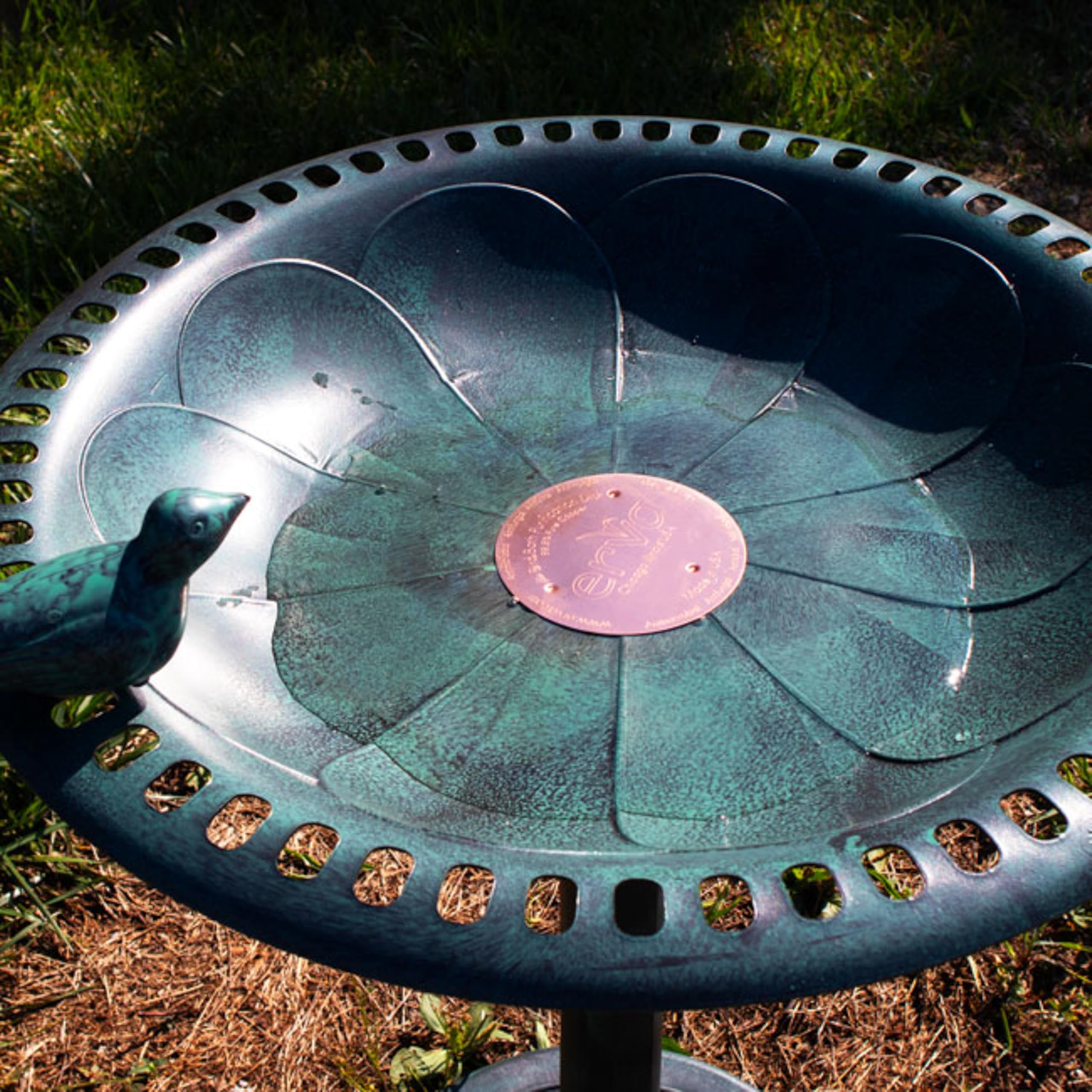 Erva Copper Bird Bath Purification Disk with water in a bird bath