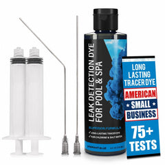 Escentile Pool Leak Detection Dye Kit packaging with vibrant blue dye