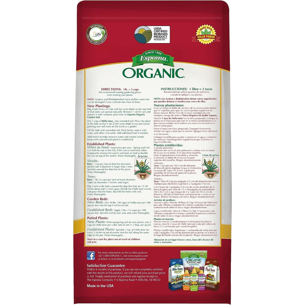Espoma Organic Holly-Tone 4-3-4 Fertilizer back view with ingredients