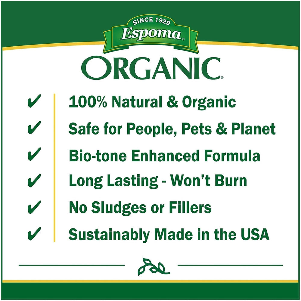 Espoma Organic Holly-Tone 4-3-4 Fertilizer bag in a garden setting