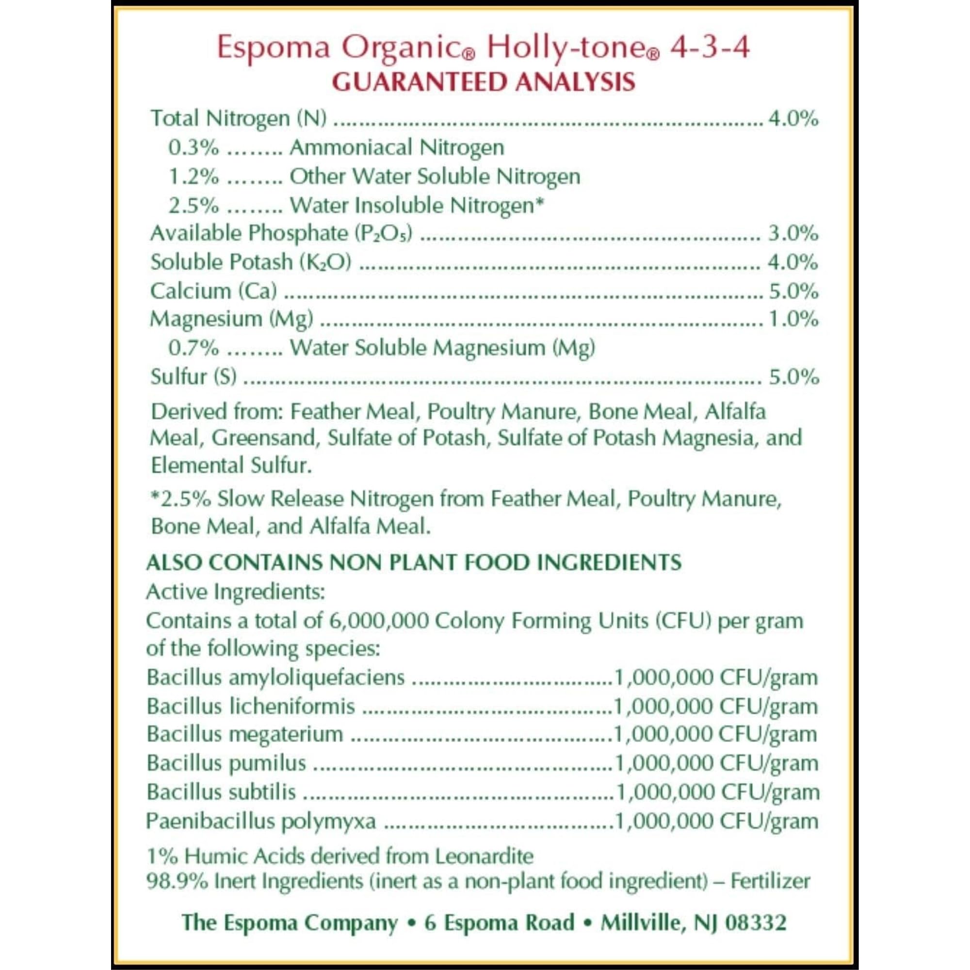 Espoma Organic Holly-Tone 4-3-4 Fertilizer side view showing packaging