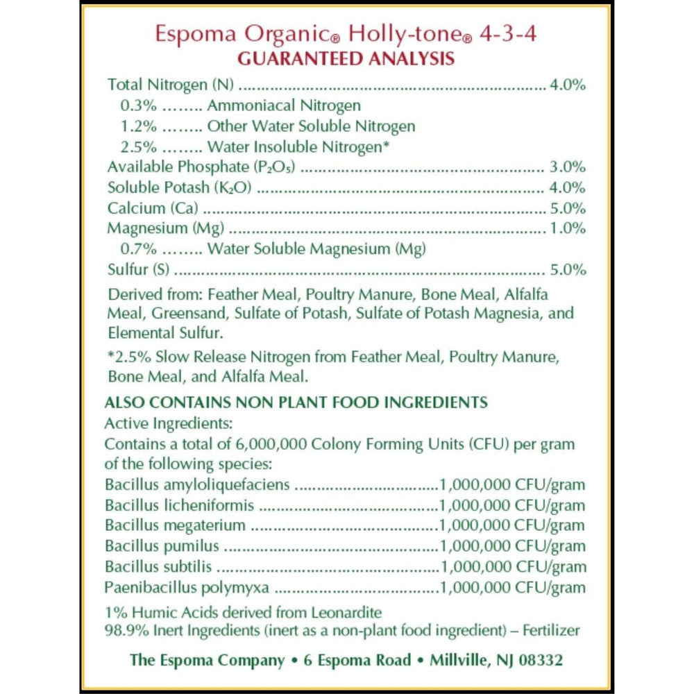 Espoma Organic Holly-Tone 4-3-4 Fertilizer side view showing packaging