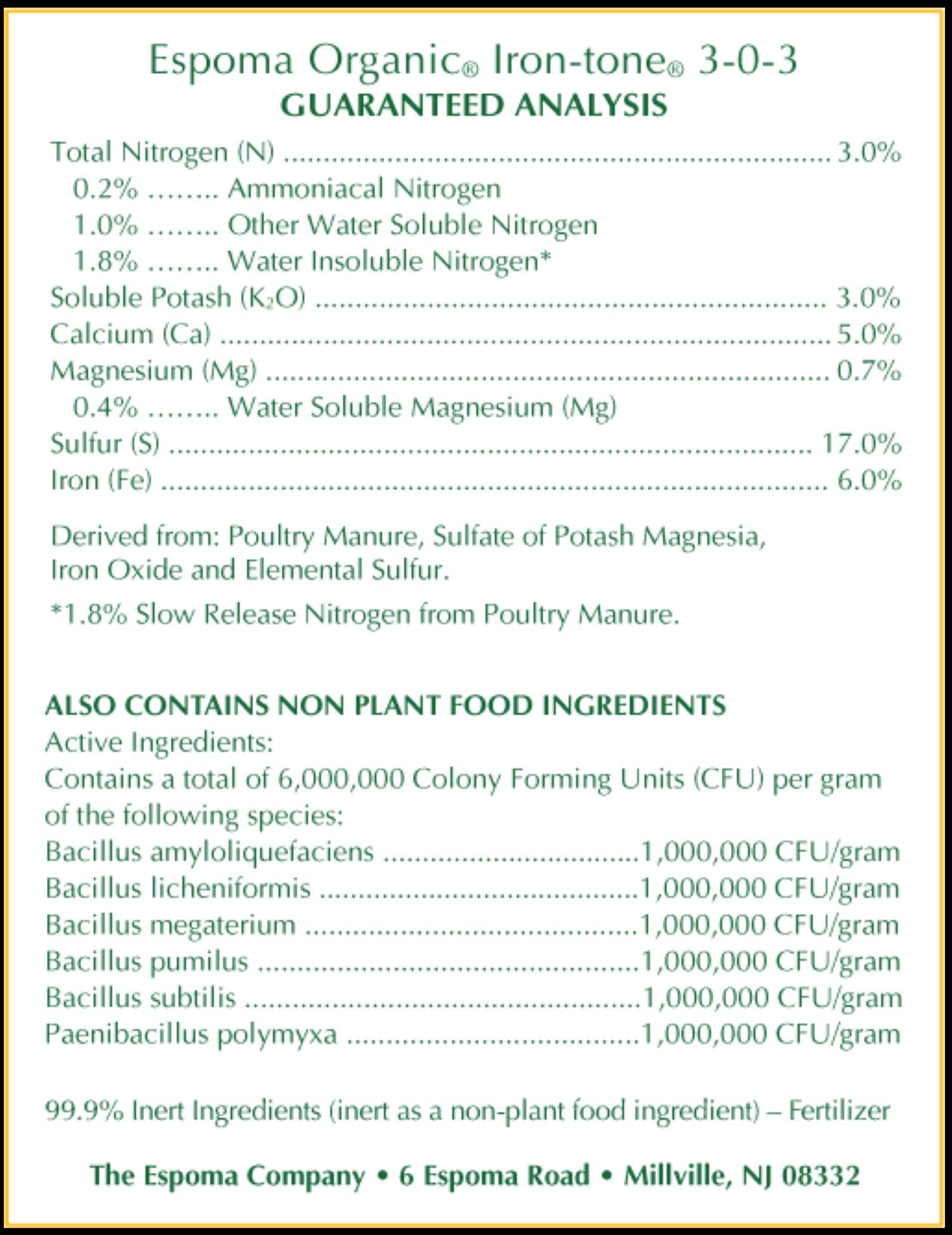 Espoma Organic Iron-Tone Fertilizer details on ingredients