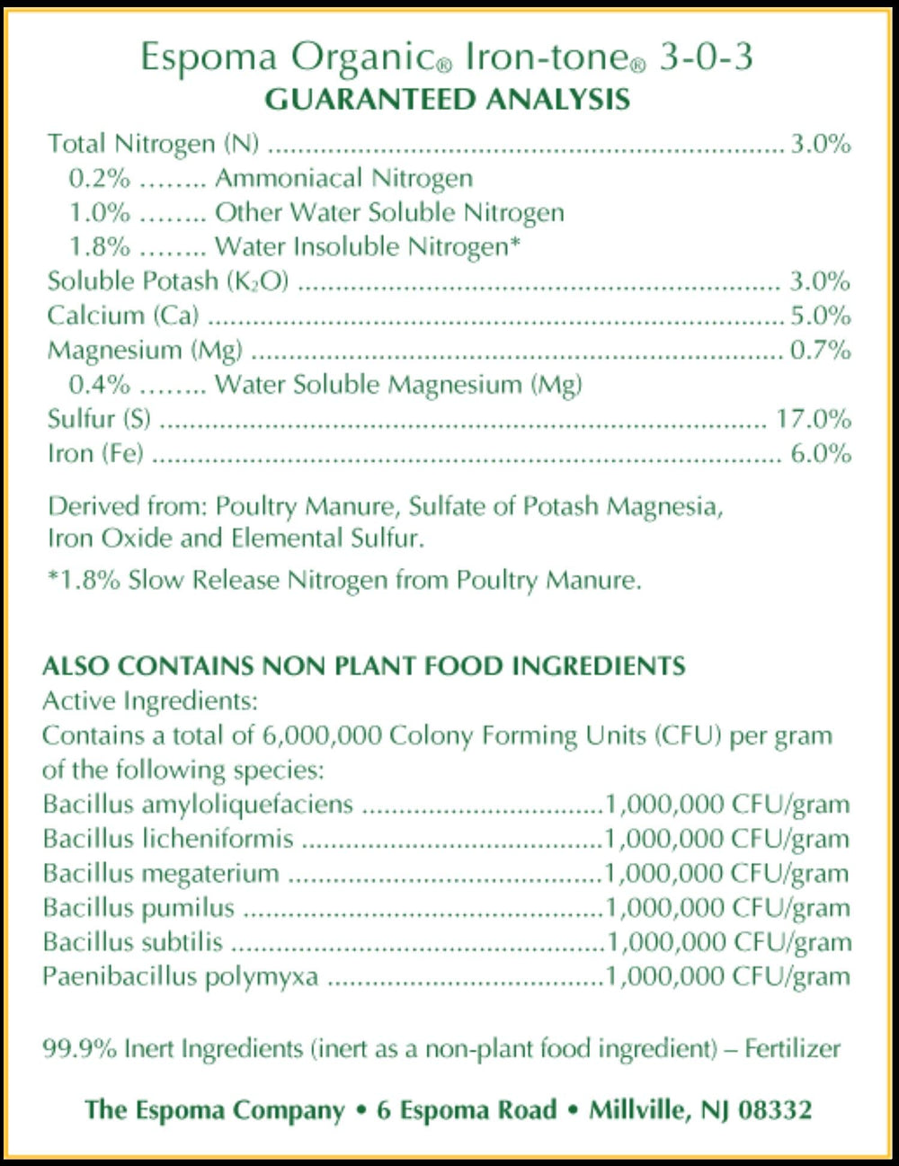 Espoma Organic Iron-Tone Fertilizer details on ingredients