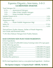 Espoma Organic Iron-Tone Fertilizer details on ingredients