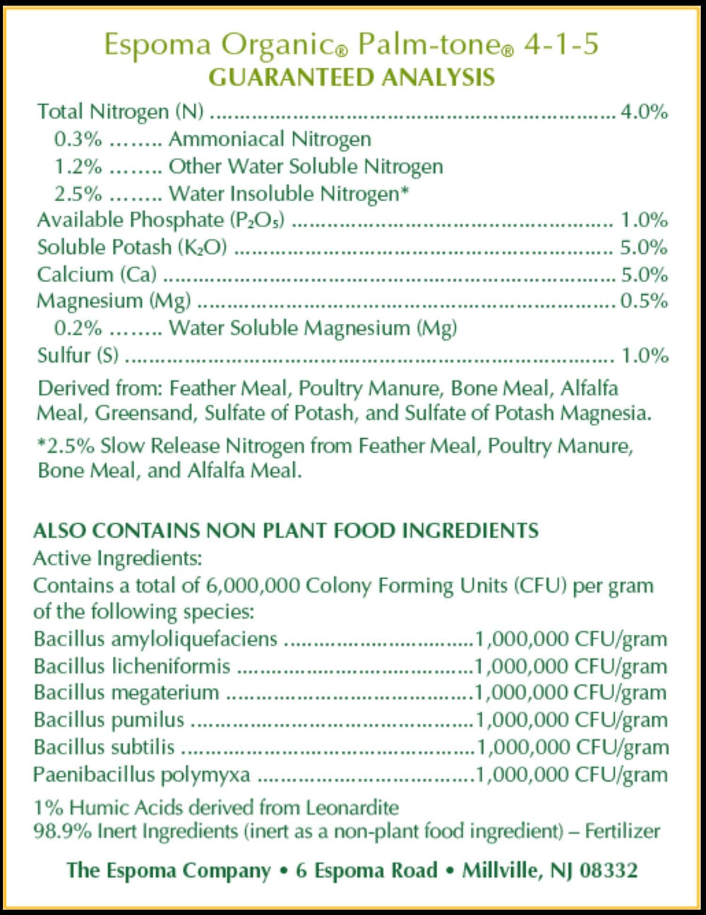 Espoma Organic Palm-Tone Plant Food bag side view