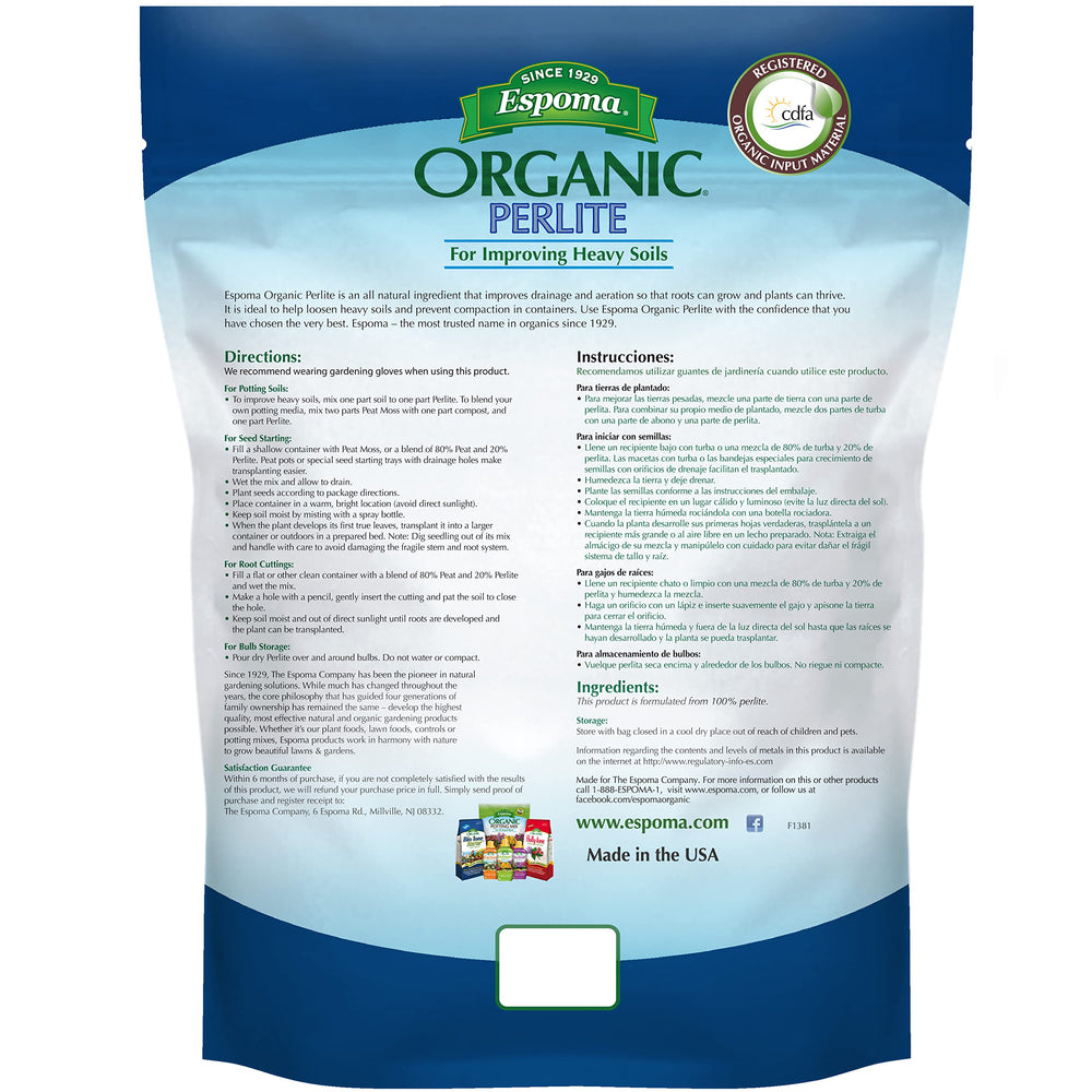 Espoma Organic Perlite 8 quart packaging details