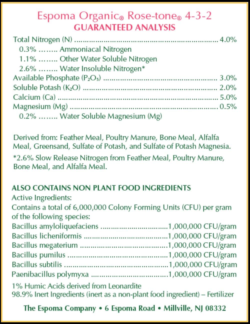Espoma Organic Rose-Tone 4-3-2 Fertilizer packaging and ingredients