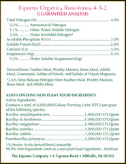Espoma Organic Rose-Tone 4-3-2 Fertilizer packaging and ingredients