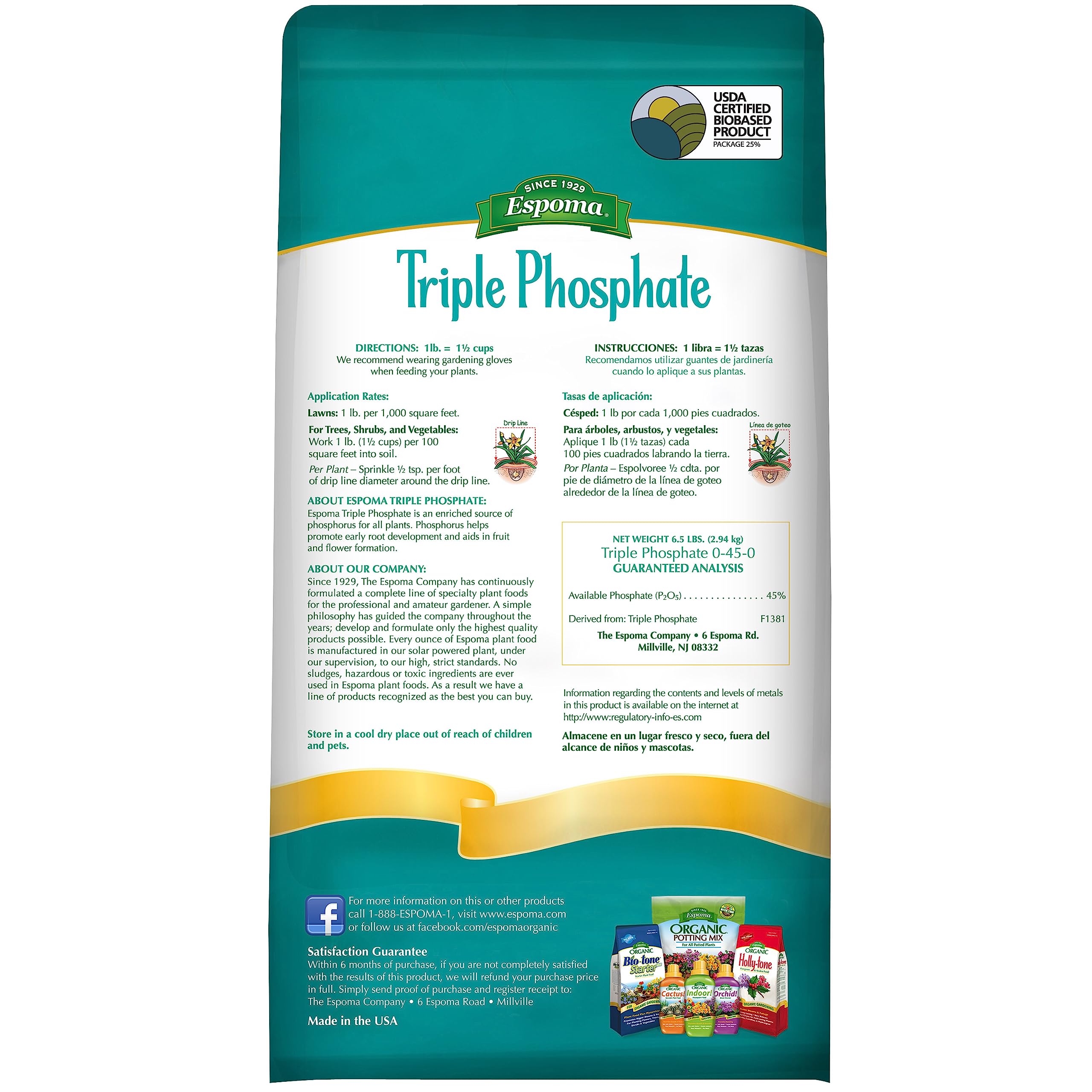 Espoma Triple Phosphate Fertilizer 0-45-0 6.5lb bag back view with instructions