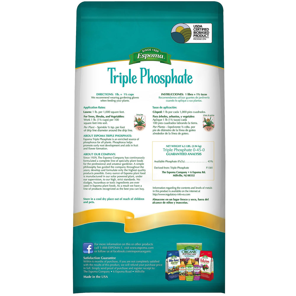 Espoma Triple Phosphate Fertilizer 0-45-0 6.5lb bag back view with instructions