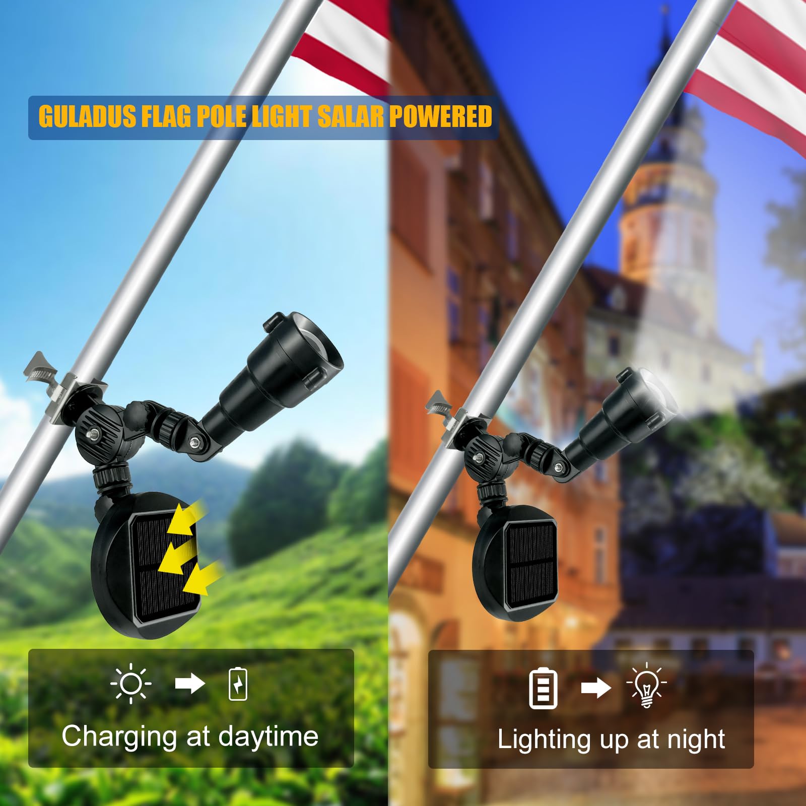 Etzeaxus Solar Flag Pole Light in dark, illuminating flag