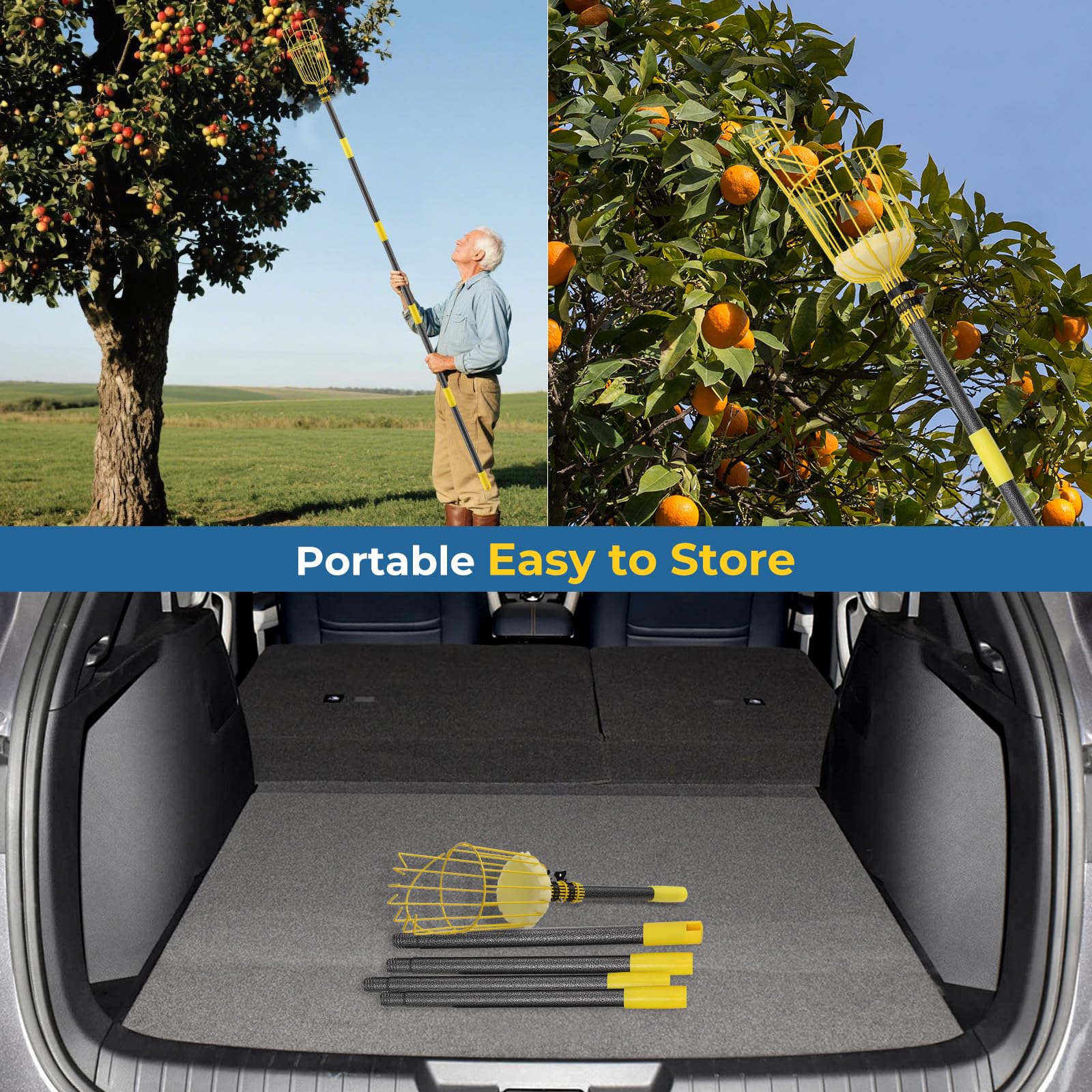 EUIJOIP Fruit Picker Pole Tool with various fruits collected