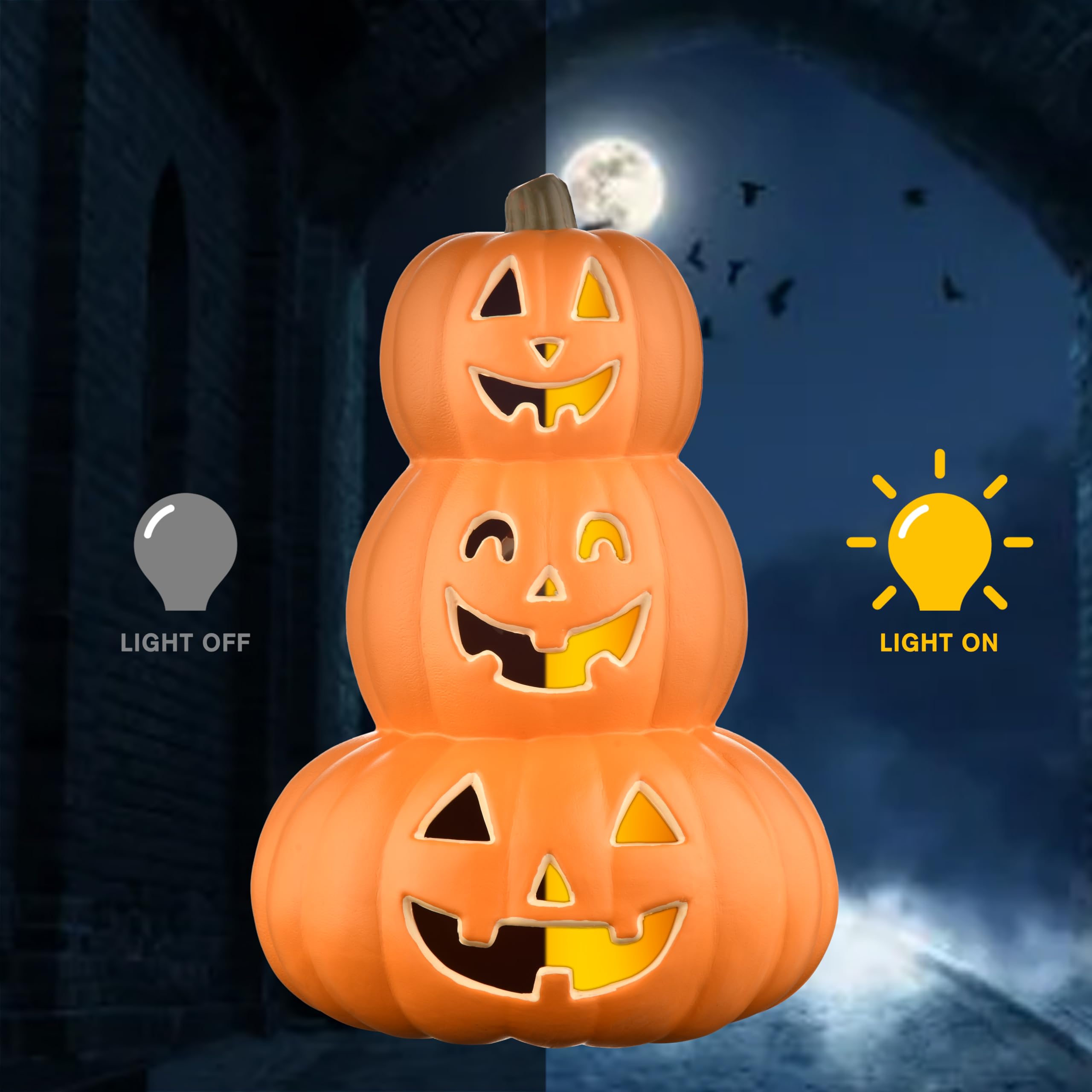 Evelyne jack-o'-lantern displaying cheerful expressions outdoors