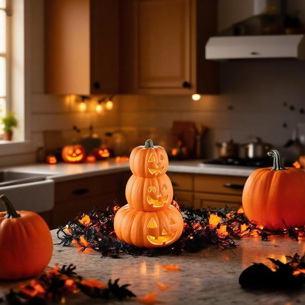 Evelyne jack-o'-lantern stacked display glowing at night