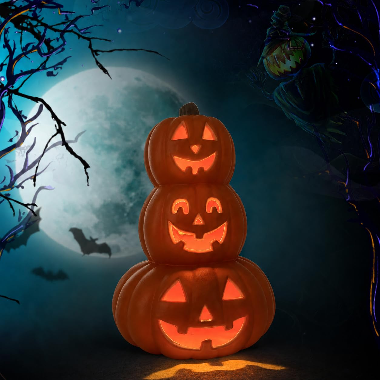 Evelyne pumpkin tower on a porch tabletop during Halloween