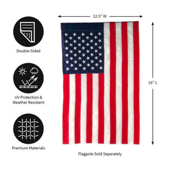 Evergreen American Flag displayed on a garden stand