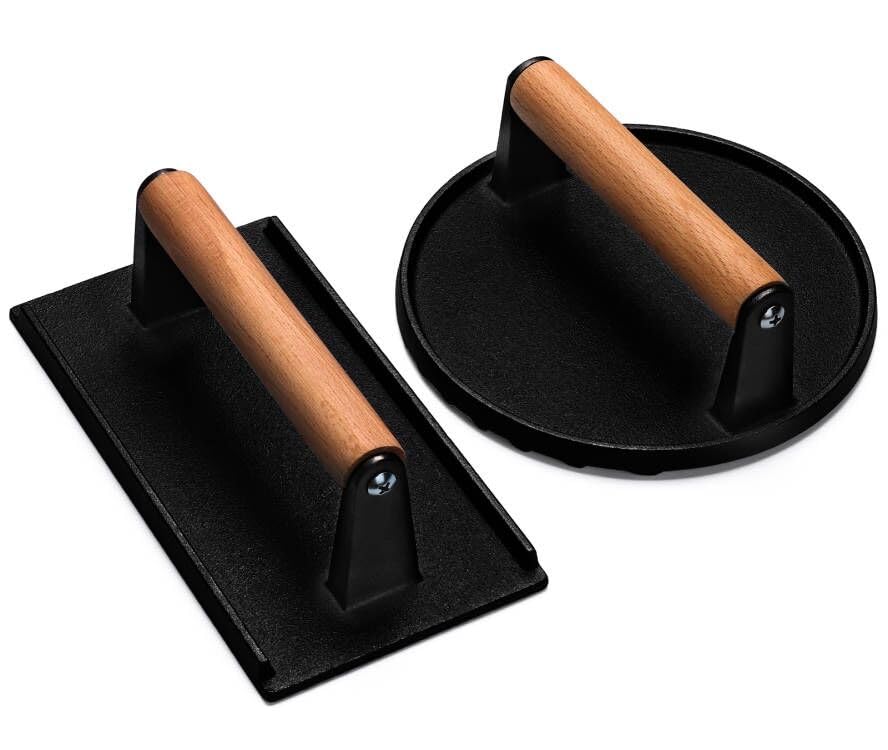 EWFEN 7-inch round cast iron burger press with wooden handle
